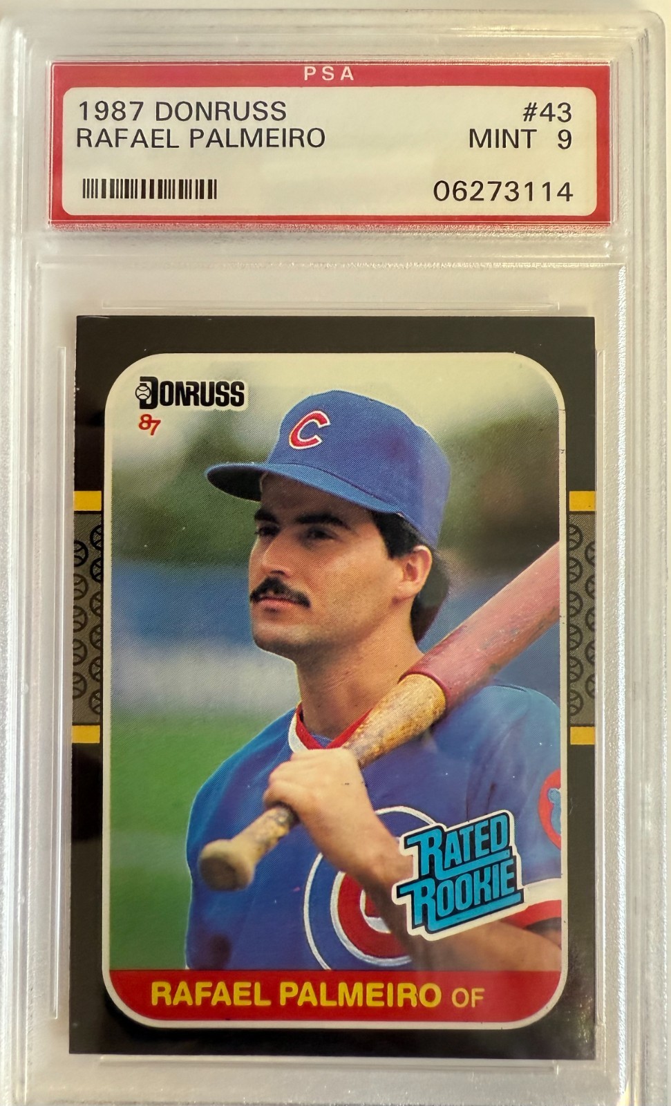 1987 DONRUSS RAFAEL PALMEIRO #43 CUBS ROOKIE CARD RC RATED ROOKIE PSA 9 MT