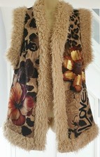 1960s 70s Penny Lane Hippie Boho Fur Trim Floral Leopard Print Gilet 12 14 16 18
