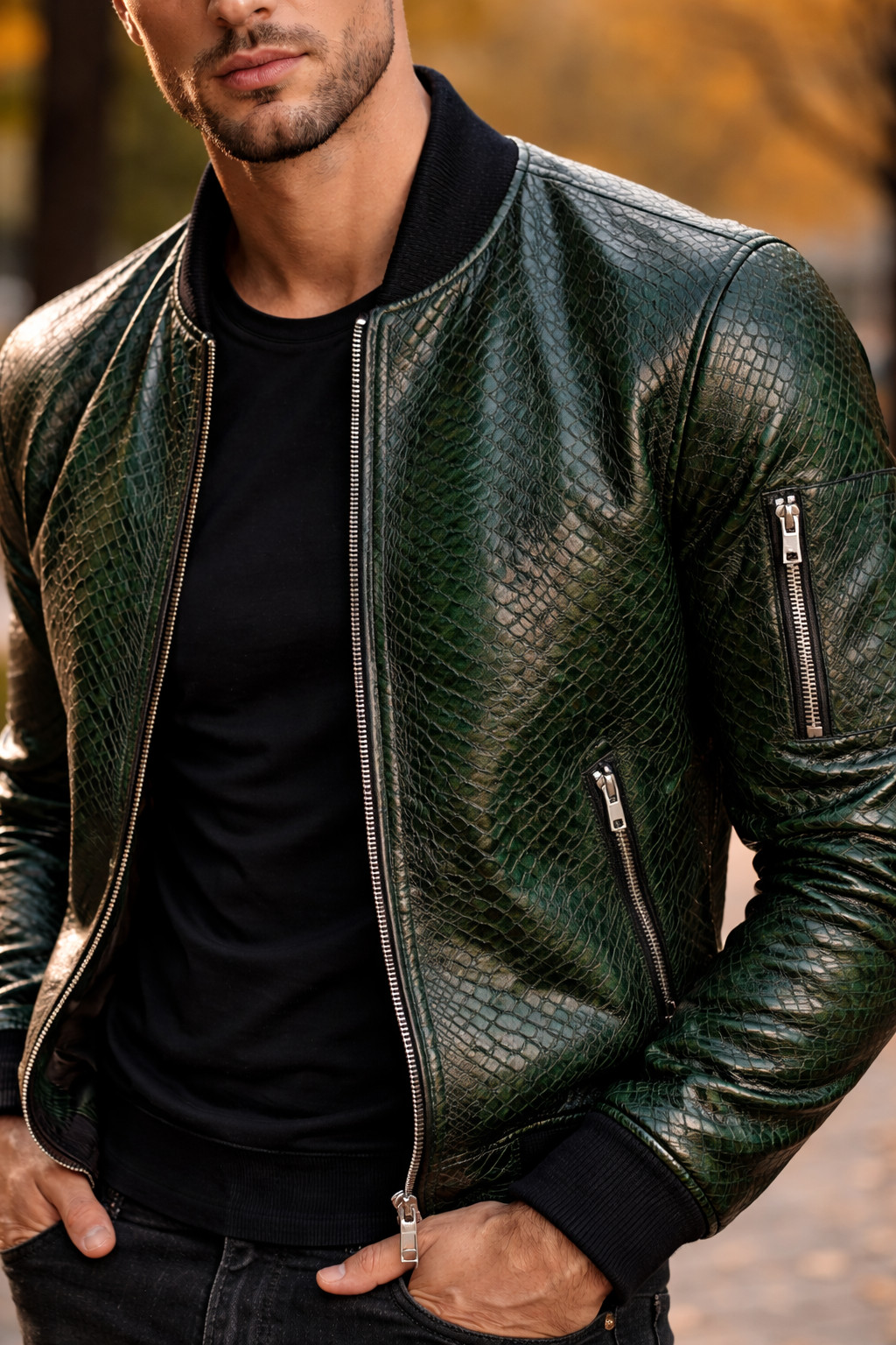 Chaqueta de bombardero de cuero de oveja real para hombre | Serpiente verde en relieve | Lujo