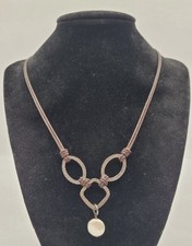 Retired Silpada Sterling Silver Pearl Necklace Brown Leather Hammered 925 Silver