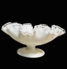 Vintage Fenton Silver Crest Milk Glass Pedestal Compote Bowl Ruffled Edge