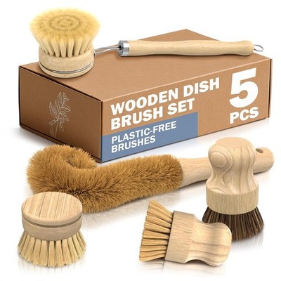 5 Pcs Bamboo Dish Brush Set â   Bamboo Dish Scrubber with Soft & Stiff Non-Scra