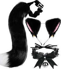 Cat Ears and Tail, Wolf Fox Ears Long Tail  Leather Bell Collar Set for Hallow