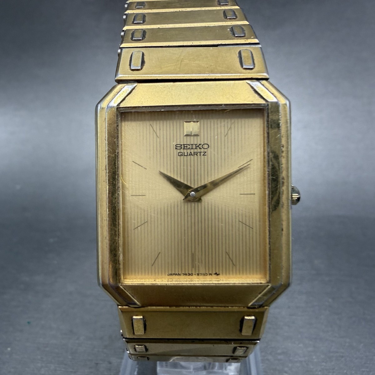 Seiko Tank Watch Men 26mm Gold Dial Gold Tone Octagon 7430-5479