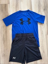 Under Armour Blue and Black Athletic Set Youth Boy Large Top Medium Bottoms