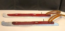 RARE Antique 1800s Primitive Wooden Ice Skates Pair Metal Blades Leather Straps