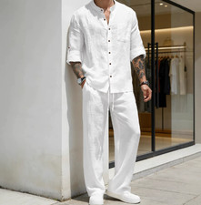 Mens 2-Piece Linen Blend Outfit Set Long Sleeve Henley Shirt and Pants Casual