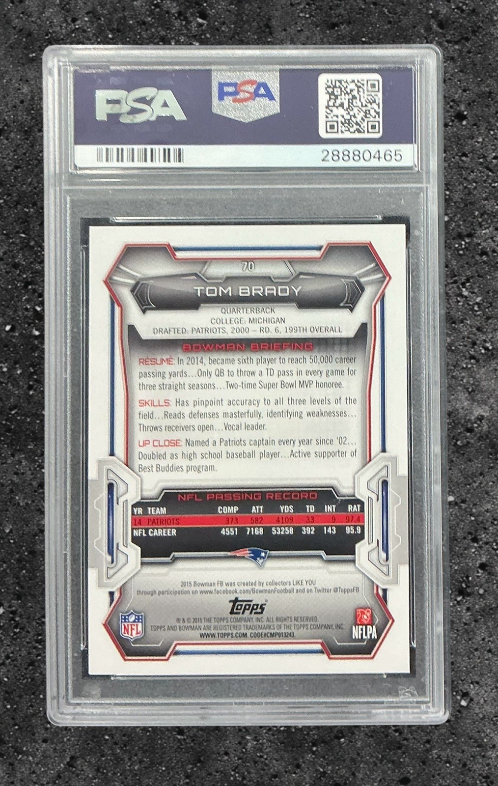 2015 bowman #70 tom brady; black rainbow foil SP holo refractor PSA 10 view 2