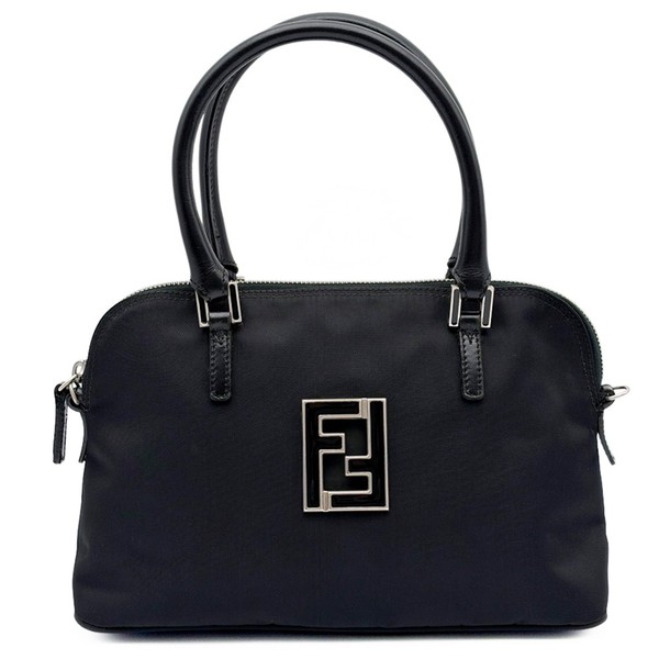 FENDI FF Logo Black Nylon Leather Handbag Boston Bag Vintage Pre-owned Auth