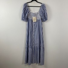 Love Tomas Emerson Fry XS/S Blue White Striped Midi Dress Puff Sleeve Tiered