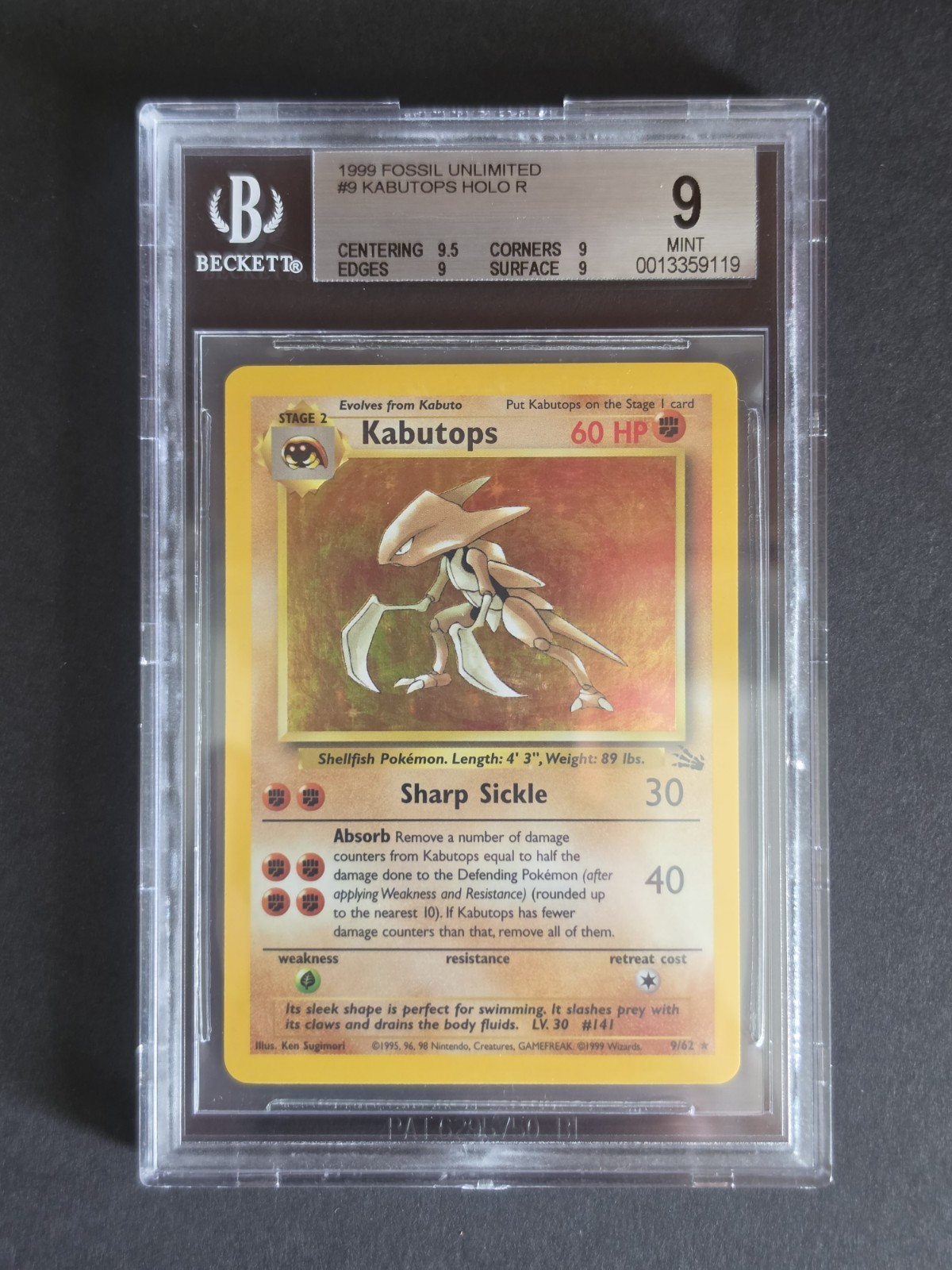 1999 Fossil Kabutops Holo Pokemon Card 9/62 BGS 9