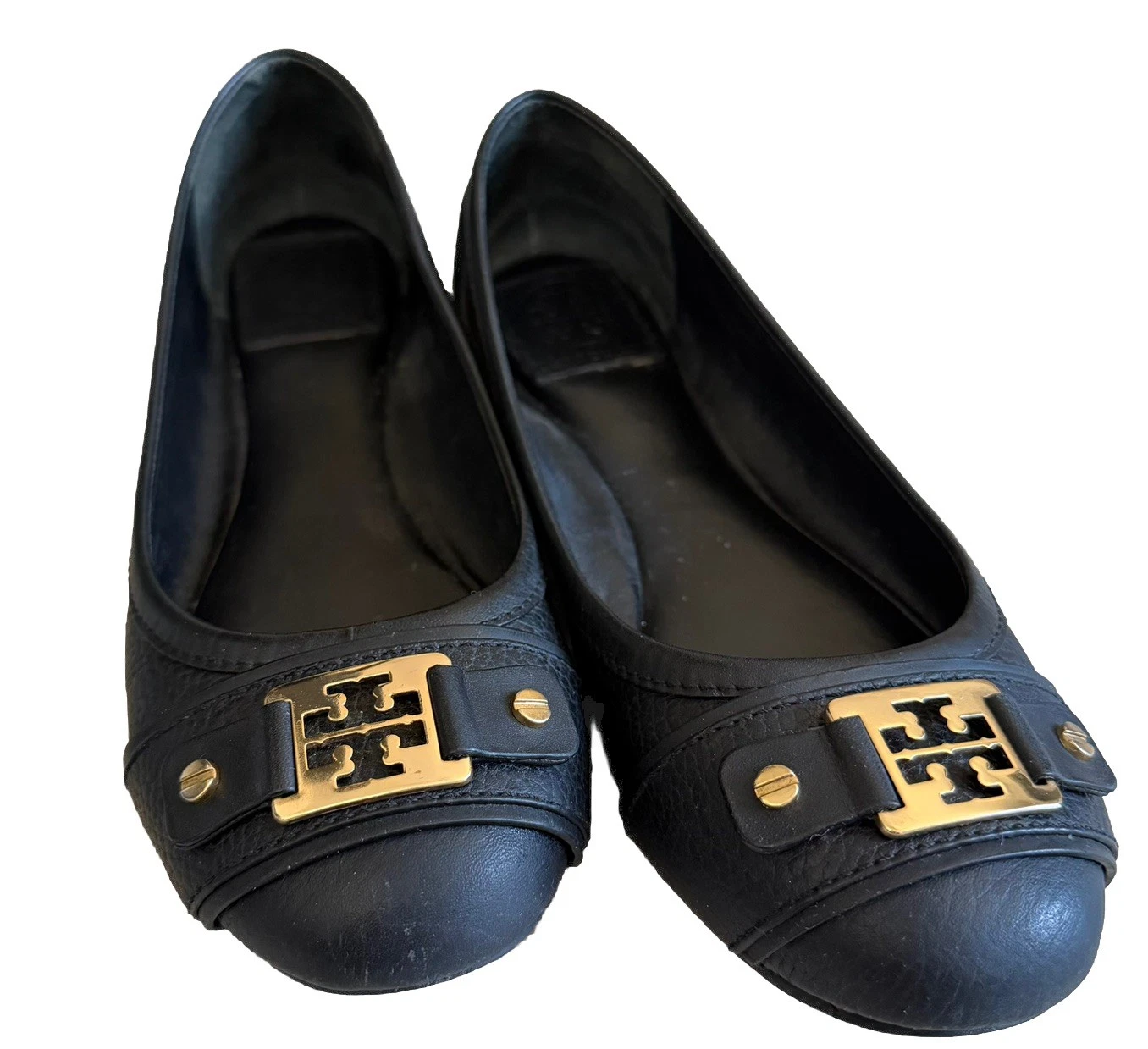 Tory Burch Black Leather Clines Ballet Flats Shoes Slip on Gold Buckle 7M preown