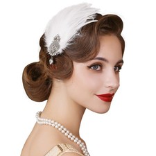 SWEETV 1920s Feather Headpiece Flapper Headband, 1 Count Pack of 1 , White