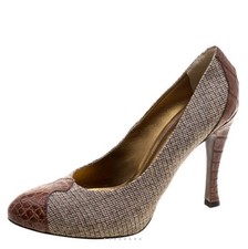 BOTTEGA VENETA Size 5.5 35.5 Tweed Croc Embossed Leather Heels Pumps Italy Shoes
