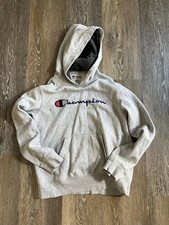 grey Champion hooded sweatshirt with a blue and red embroidered logo