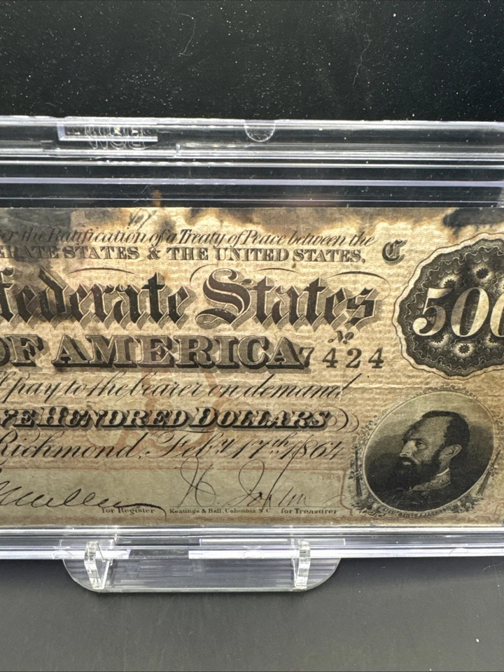 1864 Richmond VA $500 Confederate Note #7424. Burn Marks. - Image 4 of 4