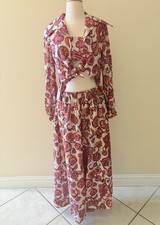 Vintage 1960s Metallic Lurex 3 Piece Set Pants Top Jacket Floral Pink L