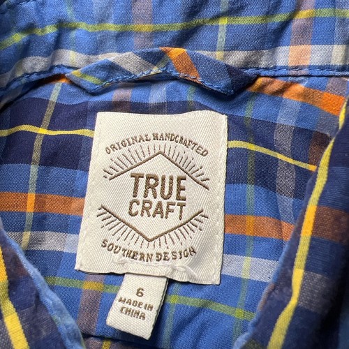True Craft Boy's Long Sleeve Button-Down Shirt Size Small 6 Blue Orange Plaid - Picture 3 of 4