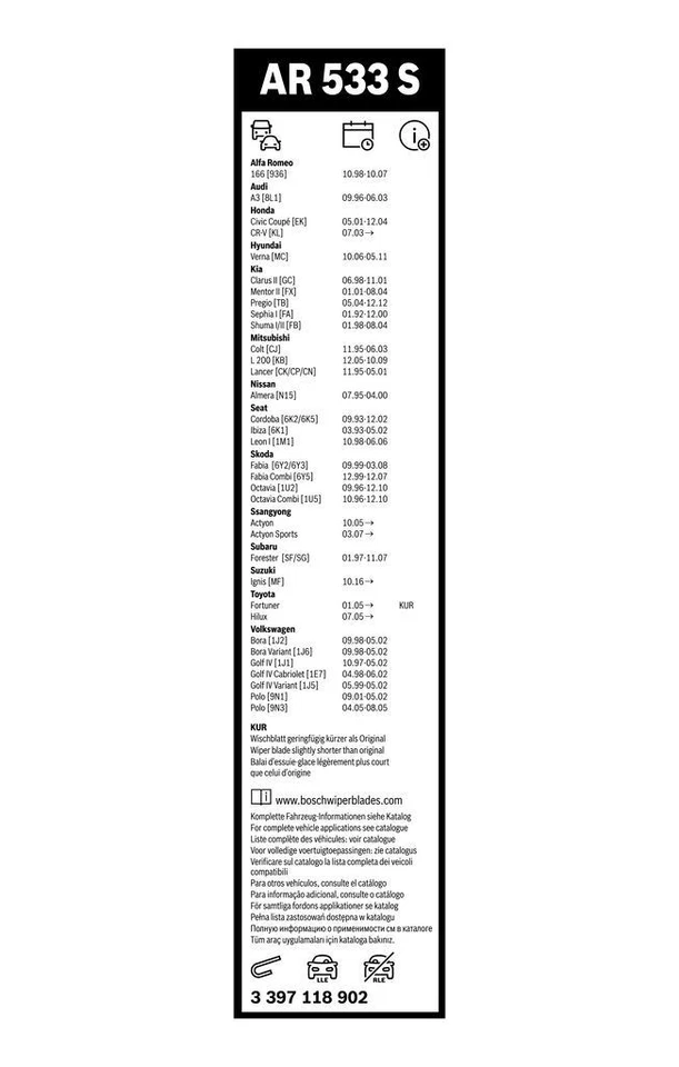 Wiper Blades Kit Front Bosch for Honda Kia Seat VW Etc - Image 2 of 4