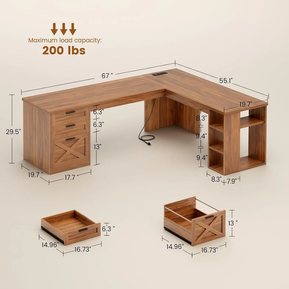 Escritorio en forma de L de granja de 67", escritorio ejecutivo con escritorio de computadora de esquina de 3 cajones Foto 2 de 4