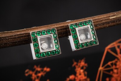 Chopard Happy Diamonds Ohrstecker eckig mit Diamanten Tsavorit Weißgold Schmuck