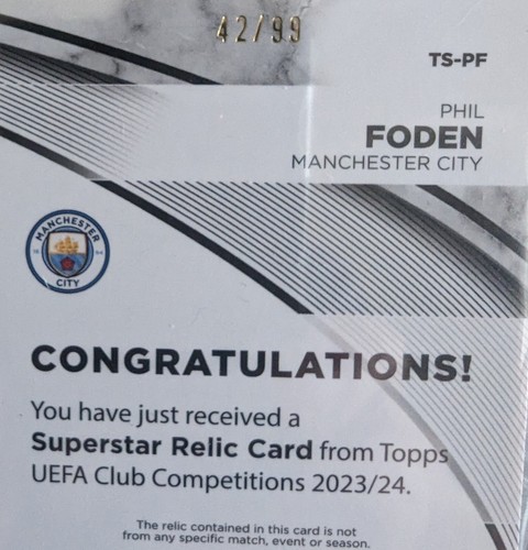 Phil Foden Superstar Relic /99 Topps UEFA Club 2023/2024 - Picture 3 of 3