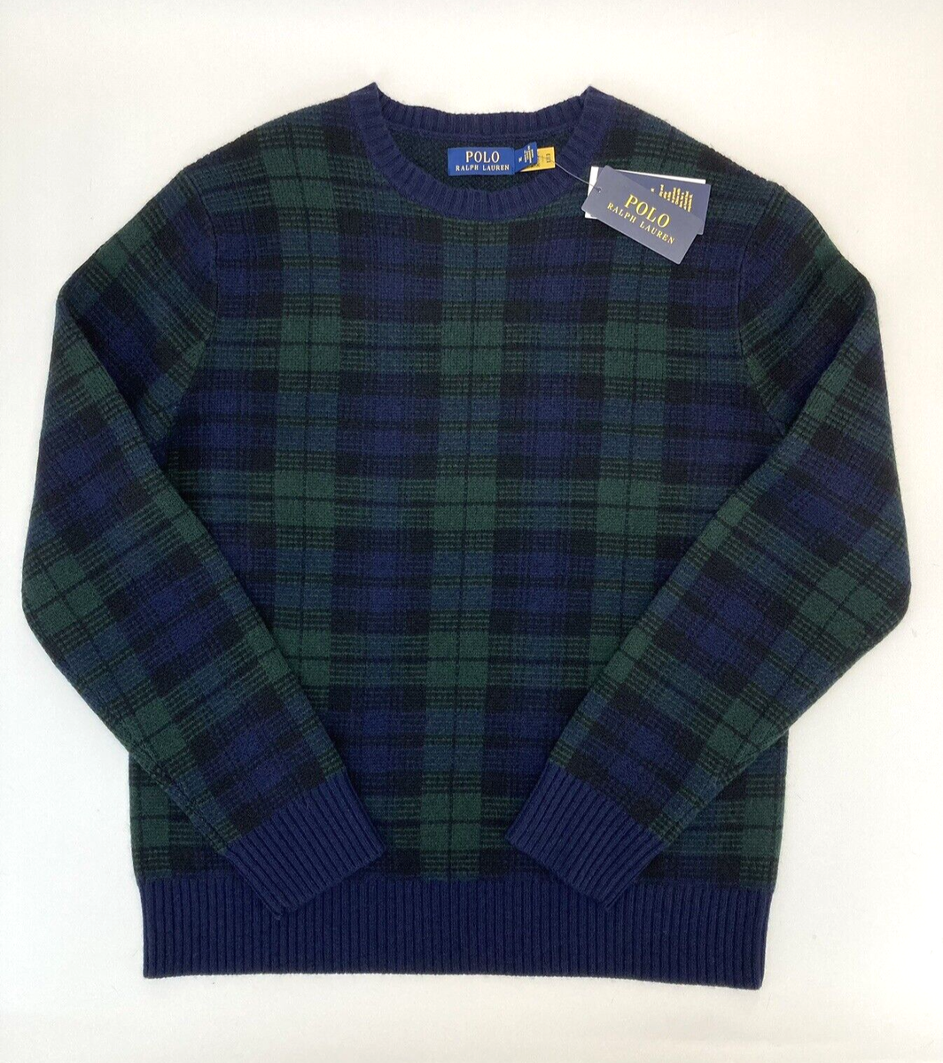 Polo Ralph Lauren Men's Tartan Plaid 100% Wool Sweater Navy Blue