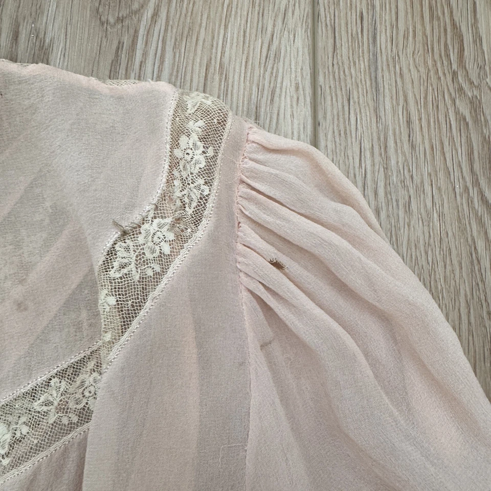 Antique 1920s Button Down Silk Lace Blouse Blush Pink Balloon Sleeve Flapper - Image 4 of 4