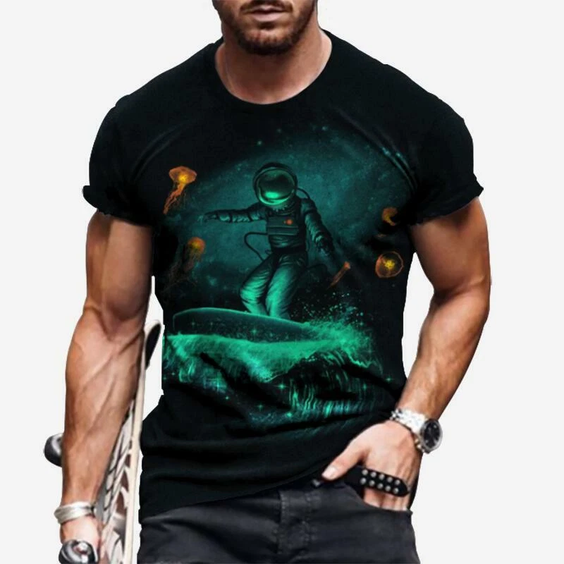 T-Shirt Men Fashion Graphic Short Sleeve Astronaut Space Teal Ultra Soft T Shirt