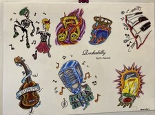 Vintage Wall Art Tattoo Flash Sheet By D. Peacock Rockabilly Music Tube Guitar