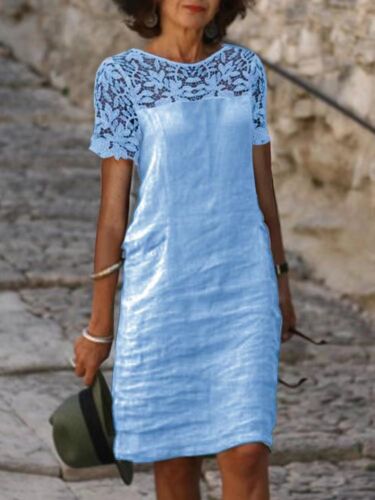 Womens Lace Linen Cotton%Casual Holiday Midi Short Sleeve Kaftan Dress PLUS SIZE - Picture 5 of 21