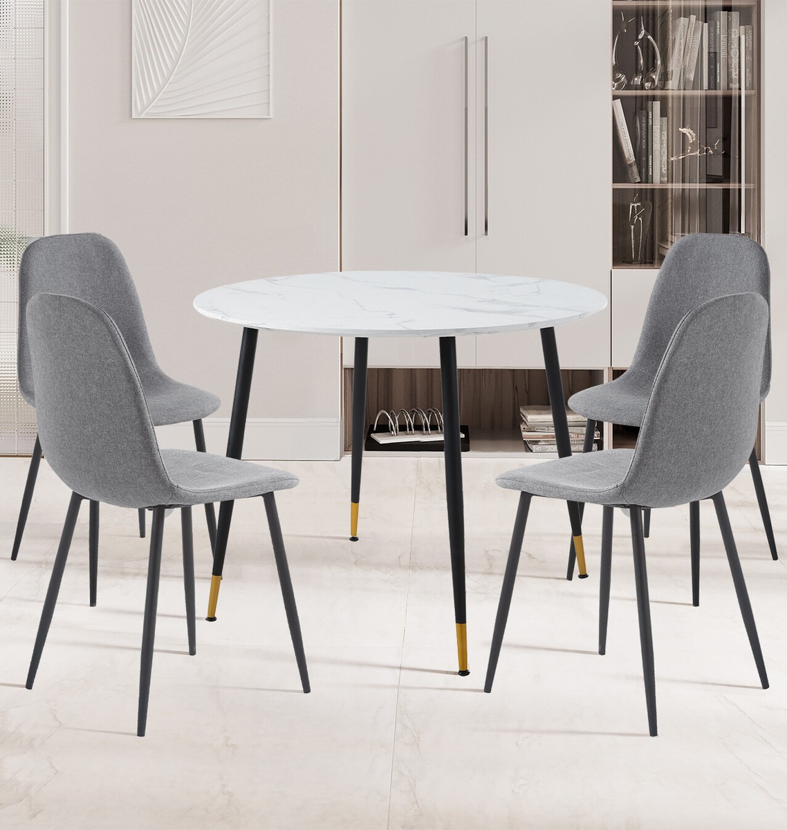 Dining Table Set, Round Marble Top Kitchen Table Grey Fabric Dining  Chairs