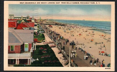 1941 ROCKAWAY PARK, NY *  BOARDWALK/BEACH from BELLE HARBOR  * POSTED VNTG LINEN