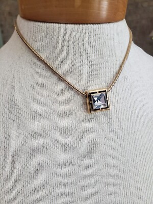 Vintage AVON Gold Tone Square Frame Rhinestone Pendant Snake Chain 15'' Necklace 
