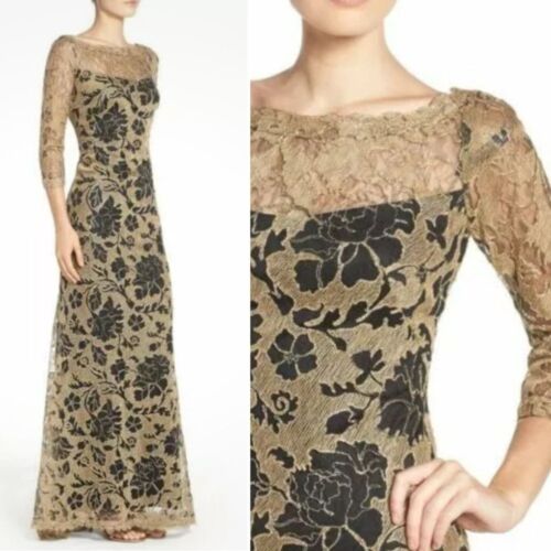 Tadashi Shoji Gold Black Lace Floral Illusion Gown size 14 petite