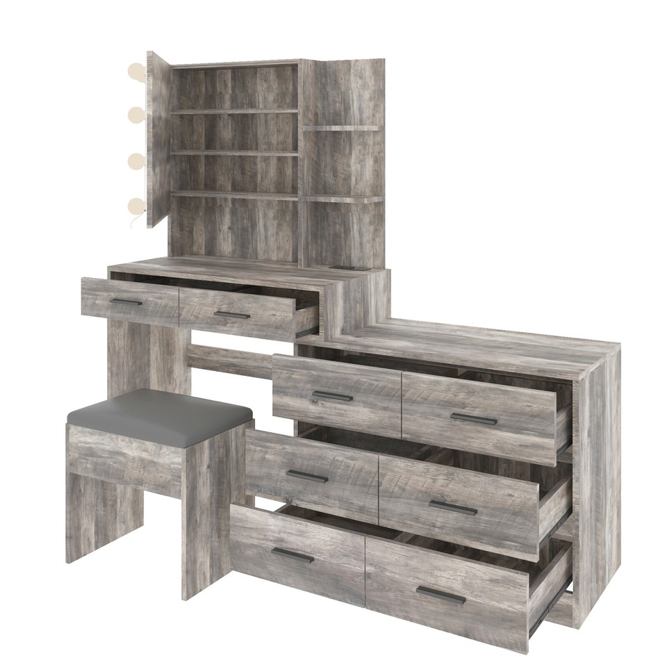 Vanity Table Dressing Desk Makeup with 10 LED Lighted Mirror 8 Drawers