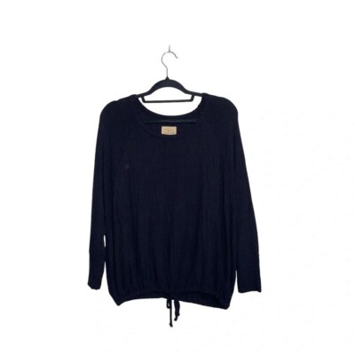 Chaser Solid Black Tie Hem Dolman Sleeve Waffle Knit Relaxed Top Medium Women s