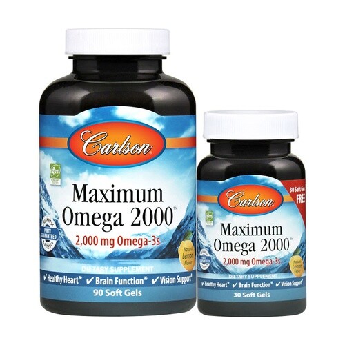 Carlson Labs Maximum Omega 2000mg Fish Oil Heart Brain Vision 120 Softgels Lemon