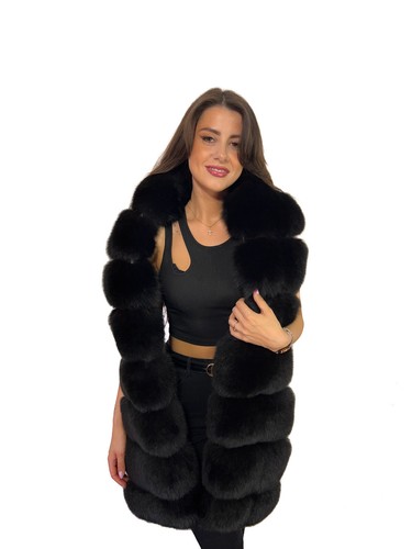 Double Sided Fox Fur Stole 78'' (200cm) Jet Black Fur Bands And Leather - Picture 5 of 10