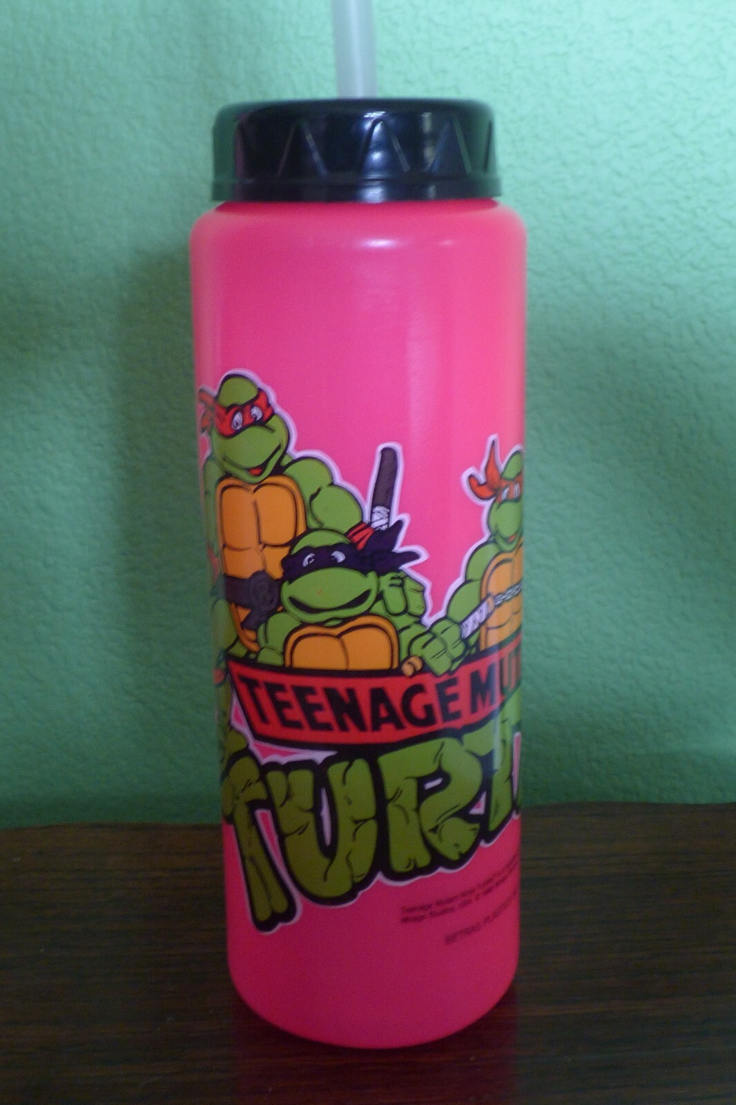 TMNT 1988 Teenage Mutant Ninja Turtles PINK Water Bottle w Straw Betras Plastics