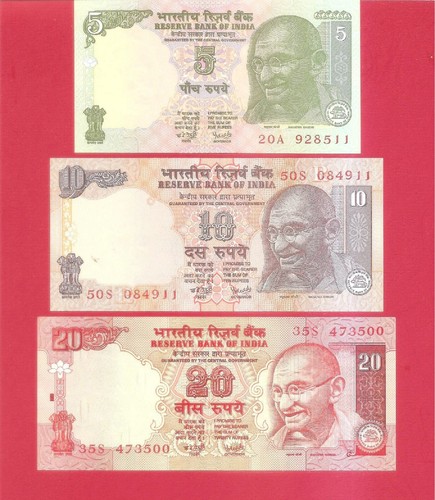 India Gandhi SERIES no date issue 5 10 20 rupee Reddy set of 3 ...