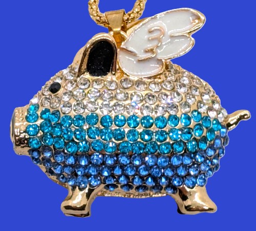 Sparkly Cute! Betsey Johnson Two Tone Blue & Clear Crystal Pig w/ Wings Necklace - Picture 11 of 17