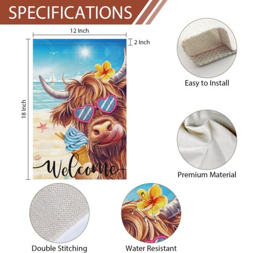 Welcome Summer Highland Cow Garden Flag12x18 Inch Double Sided Burlap, Ice Cr... - Picture 4 of 8