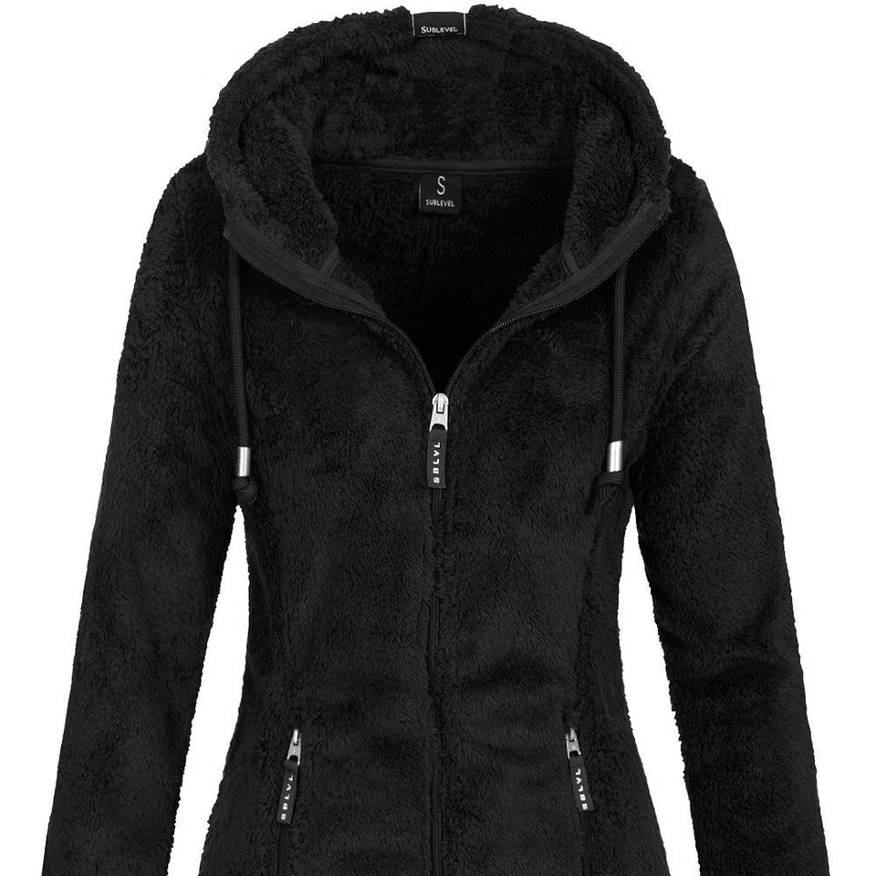 Sublevel Damen Teddy Fleecejacke Mantel Kapuze Kuschel Zip Hoodie LSL-357 - Bild 4 von 4