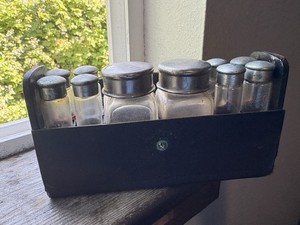 Antique Doctor Apothecary Travel Kit 10 Glass Vials Silver Caps Leather