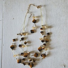 Necklace Pierced Earrings 3 Strands Brown Bead 10" Gold Tone