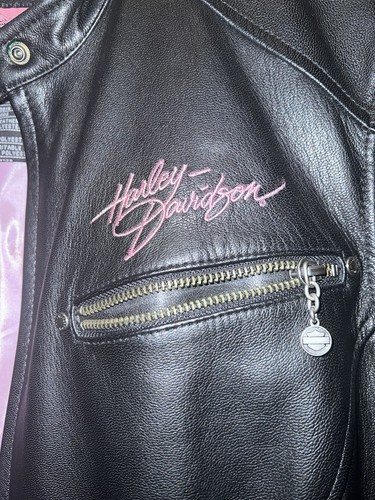 HARLEY-DAVIDSON PINK LABEL Schwarz Leder Damen Jacke Pink Logostickerei 1W - Bild 2 von 16