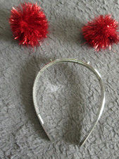 NEW SHINY SILVER HEADBAND WITH RED TINSEL BALLS