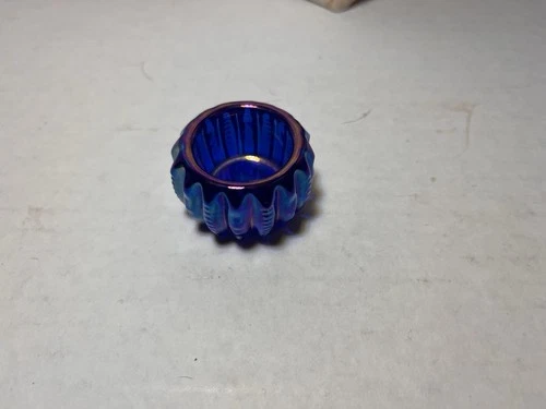 Carnival Art Glass Salt Dip-Iridescent Cobalt Blue Zippered Pattern 1 3/4"