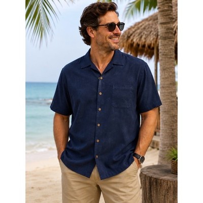 Sol Silk Rio Havana Men's XL Navy Blue Silk Hawaiian Camp Shirt Palm Tree Resort